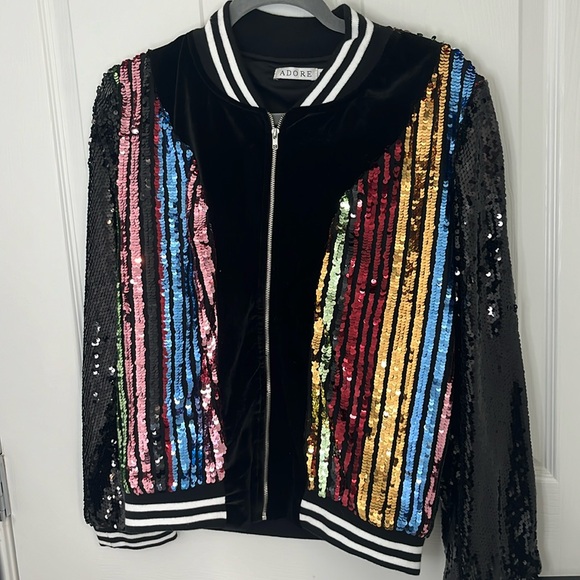 Adore multi color sequin and velour striped bomber jacket - Picture 1 of 4